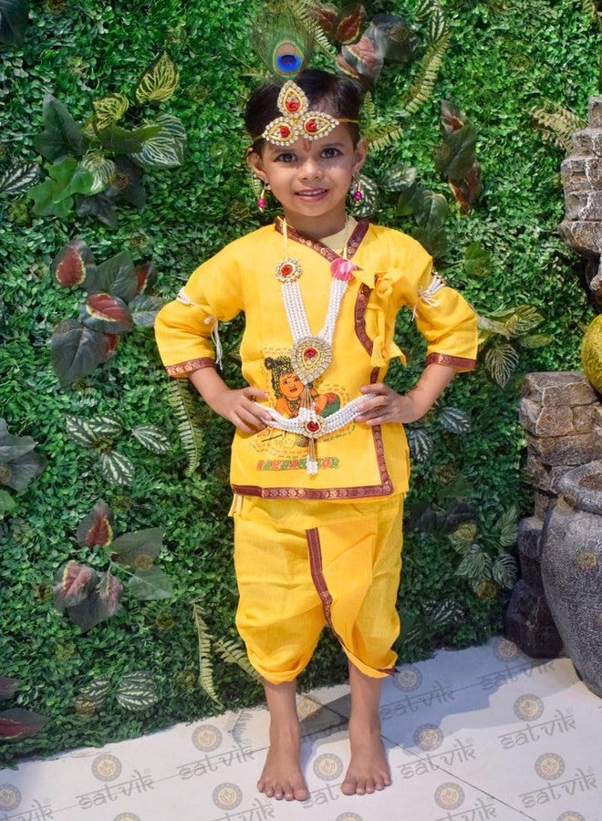 SATVIK Krishna Dhoti Kurta Dress for Boys - Makhan Chor Printed Janmashtami Costume Set for Fancy Dress, Temple Functions & School Cultural Events (0-1 Years (18) with Accessories/Shringar) - Image 3